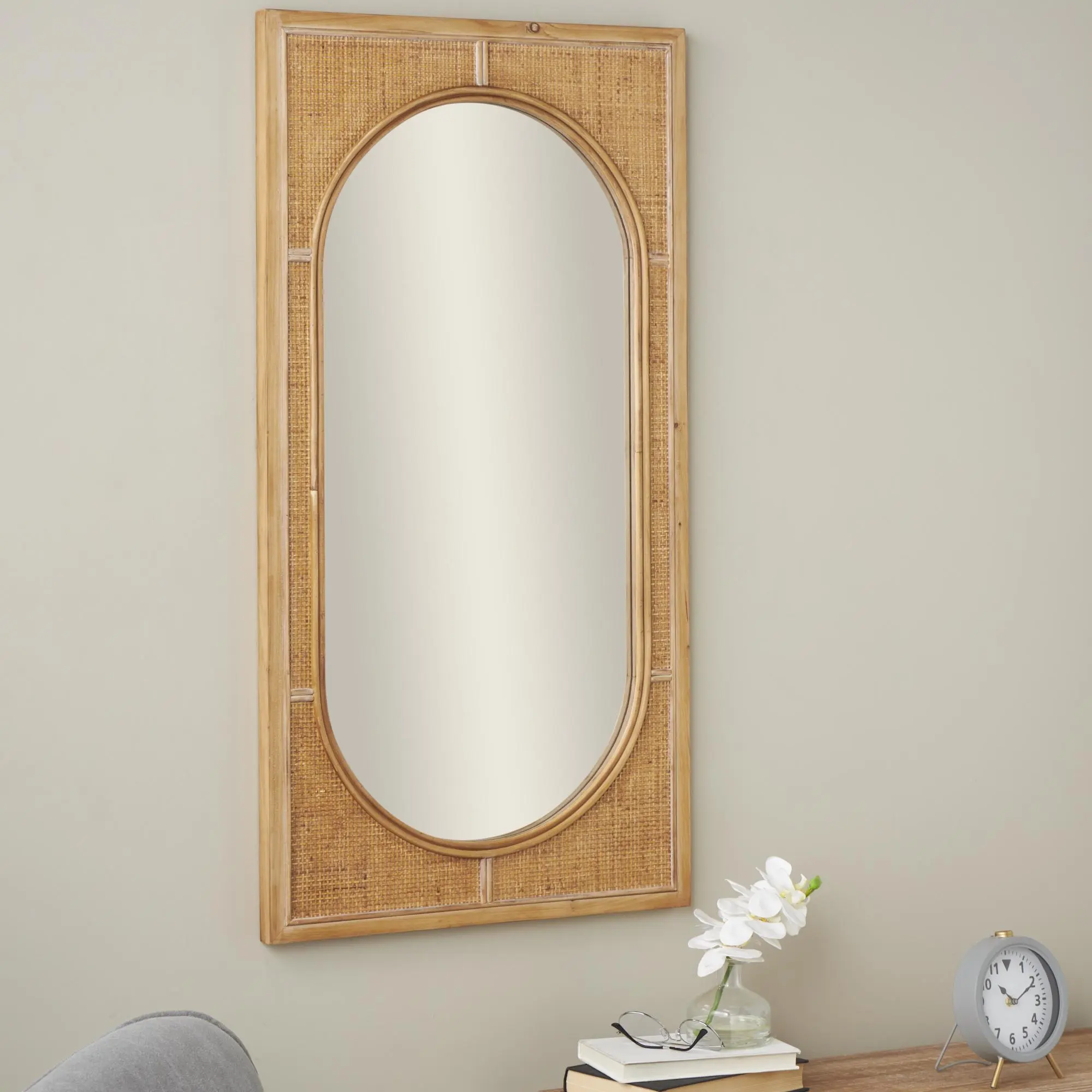 Brown Rattan Wall Mirror with Oval Glass Center, Home Decor Piece with Boho Charm for Entryway Indoor Walls
