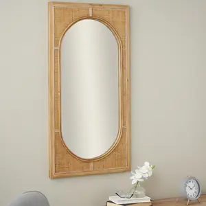 Brown Rattan Room Wall Mirror with Oval Center