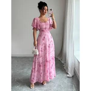 Modelyn Women's Chiffon Butterfly Print Batwing Sleeve Ruched Sweet A-Line Dress, For Summer