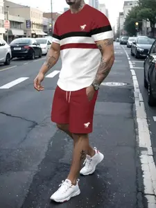 Men's Casual All-Over Printed Round Neck Pullover & Drawstring Elastic Waist Shorts Set, Summer Streetwear