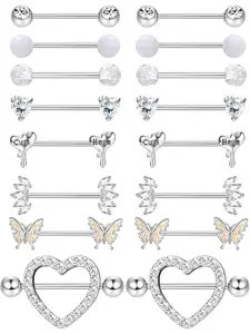 8 Pairs 14G Nipple Bars Surgical Steel Nipple Piercing Set CZ Butterfly Nipple Rings Barbell Rings Ball Heart Nipple Bar Tongue Bar Nipple Piercing Jewellery Body Piercing for Women Body Piercing Jewelry