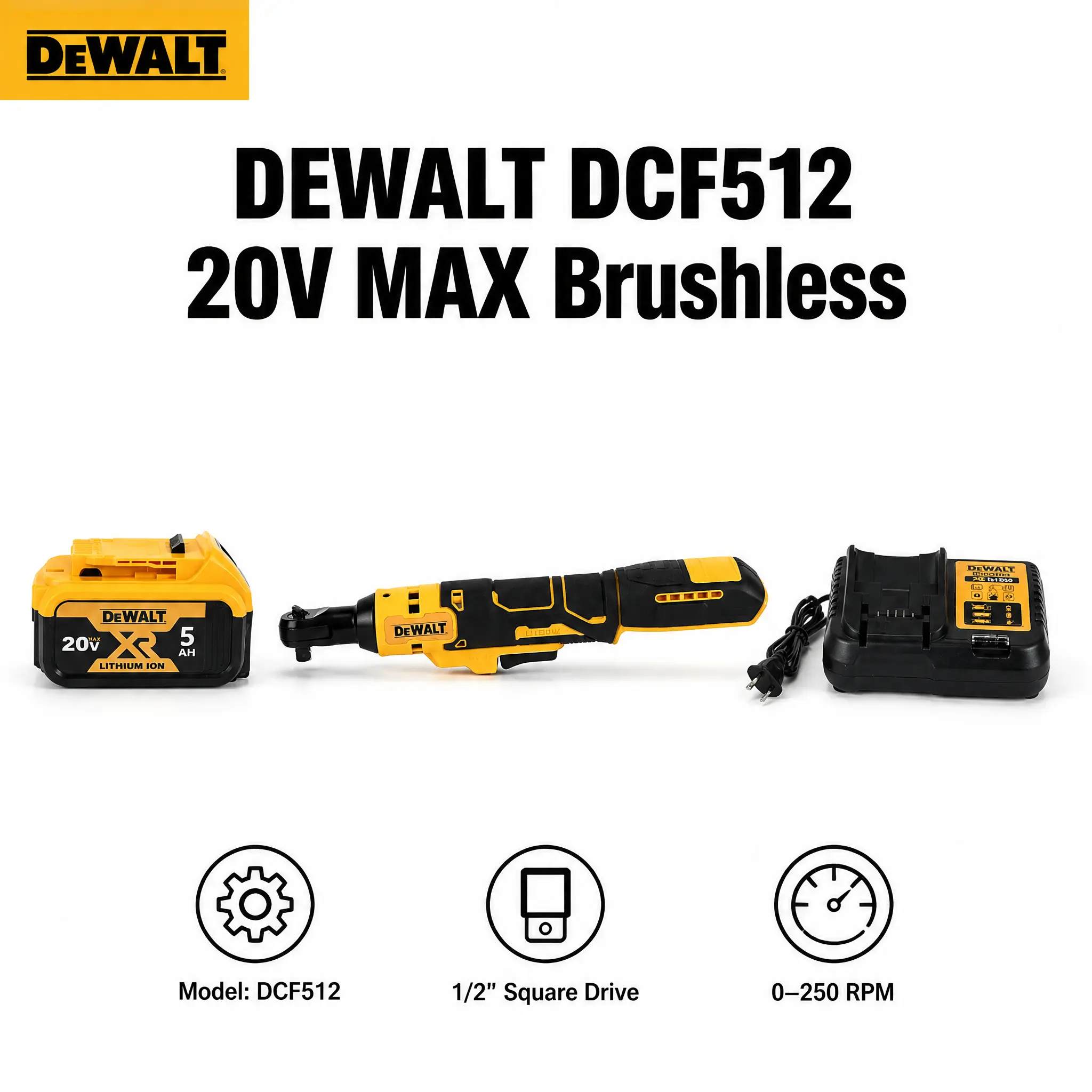 DeWalt DCF512 20V MAX Brushless 1/2 Inch Cordless Ratchet Wrench Tool for Automotive Mechanics Tight Space Repair Engine Bay Fastening Powered by 95 Nm Torque 250 RPM LED Work Light