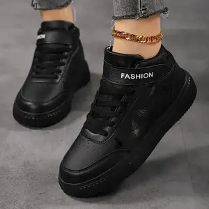 Women's Black High-Top Sneakers - Lightweight, Comfortable, Casual Lace-Up Shoes with Star Design and Thick Sole