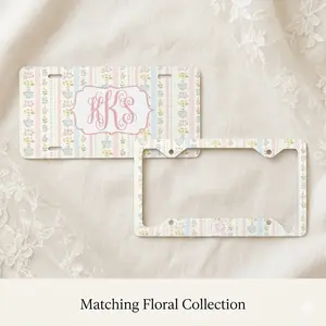 Custom Monogram License Plate and Frame Set | Pastel Coquette Floral Car Accessories | Cute Cottagecore License Plate Cover | Gift for Her