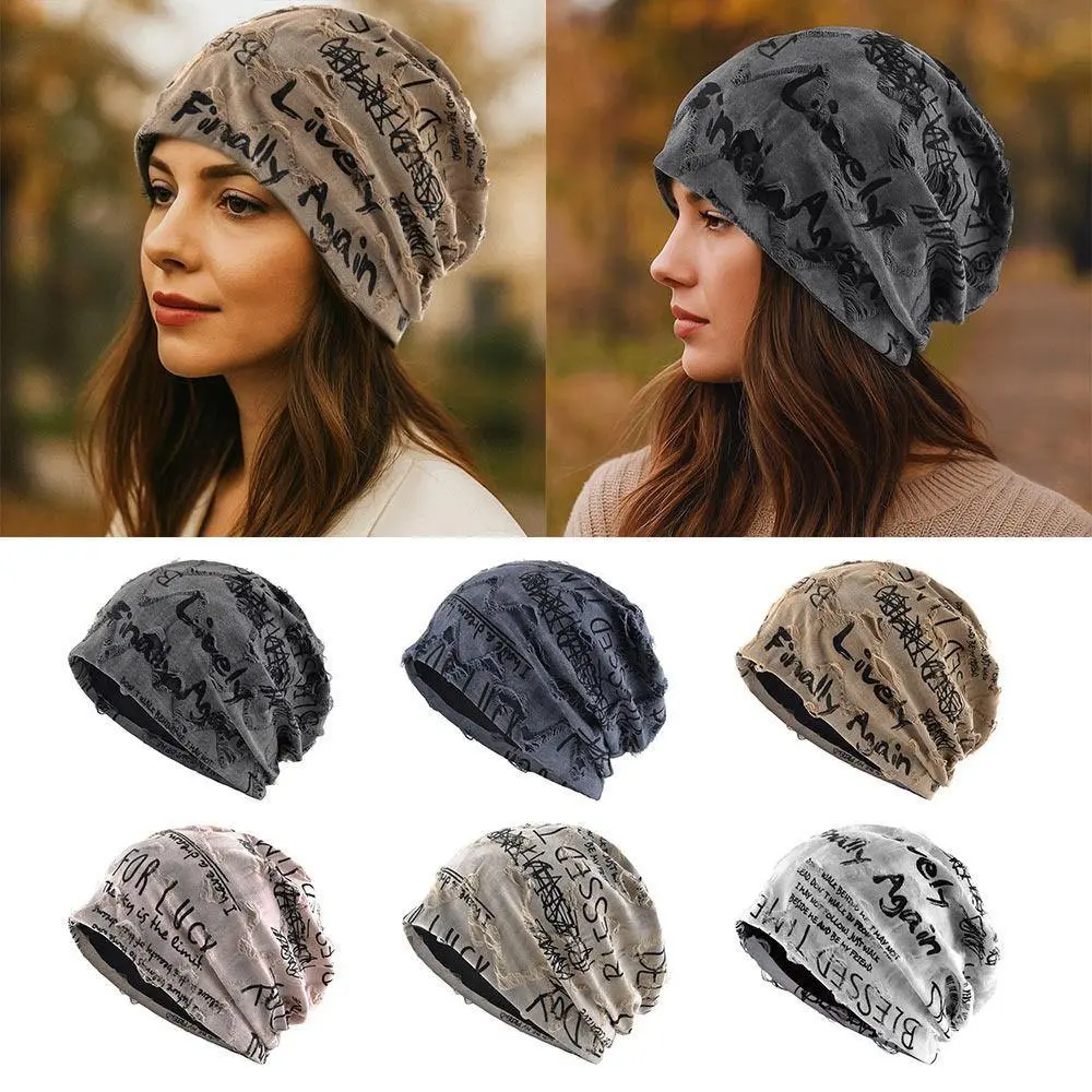 Distressed Streetwear Beanie Unisex, Y2K Vintage Letter Print Skull Cap, Loose Fit Thin Knitted Bonnet for Men and Women, Post-Apocalyptic Urban Fashion