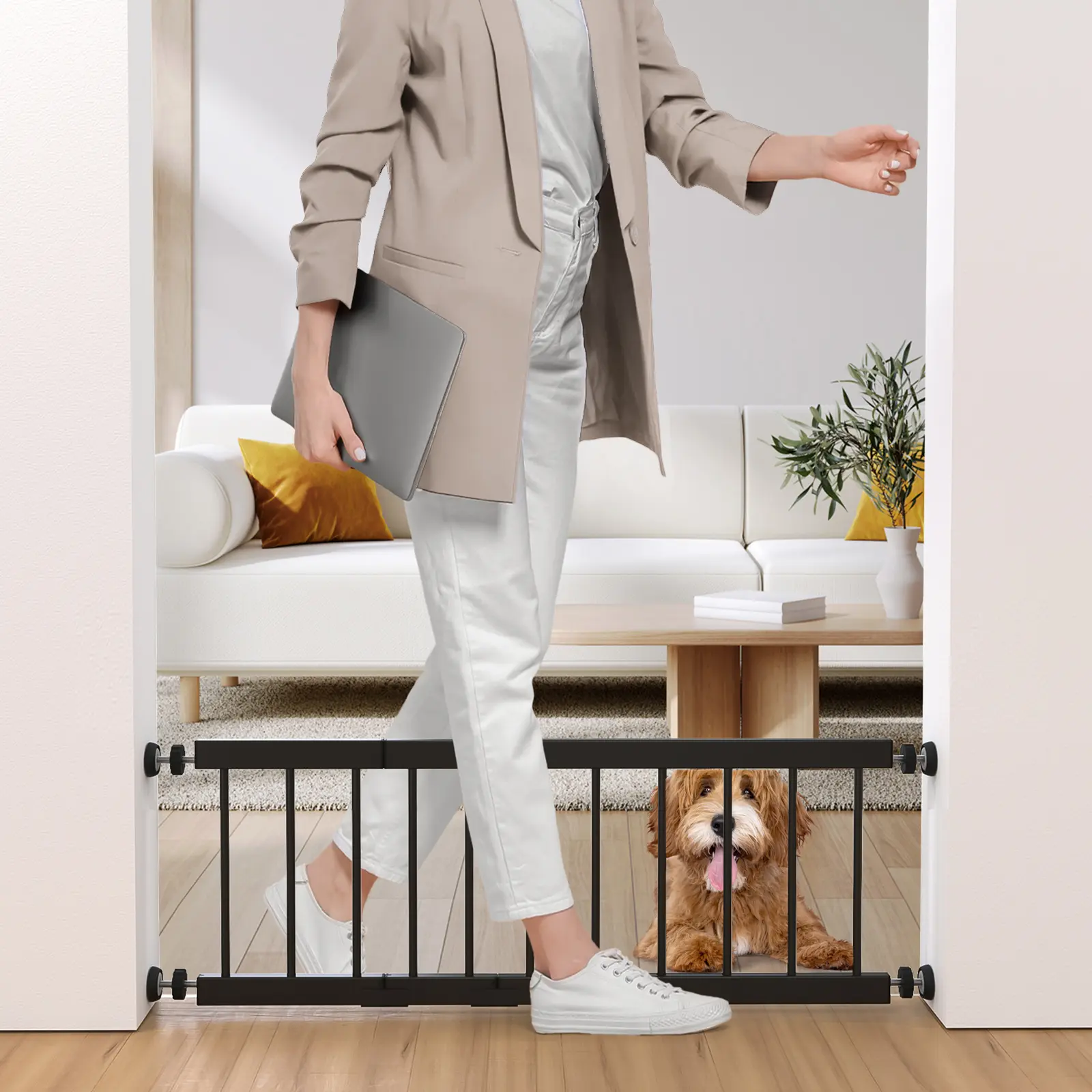 Dog Gate Indoor,18"-45" Adjustable Extra Wide Metal Short Dog Gate to Step Over, 14" Tall Small Pet Gate with 3 Extension Kits, Pressure Mounted Dog Gate for Doorways & Stairs