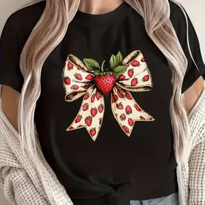 Women's Strawberry Bow Print T-Shirt - 100% Casual Short Sleeve Round Neck Top with Strawberry & Bow Design, Loose Fit All-Season Comfort, Machine Washable Casual Attire, Valentine's Day Outfits, Birthday Party Outfits Black CLL T-shirts-9697