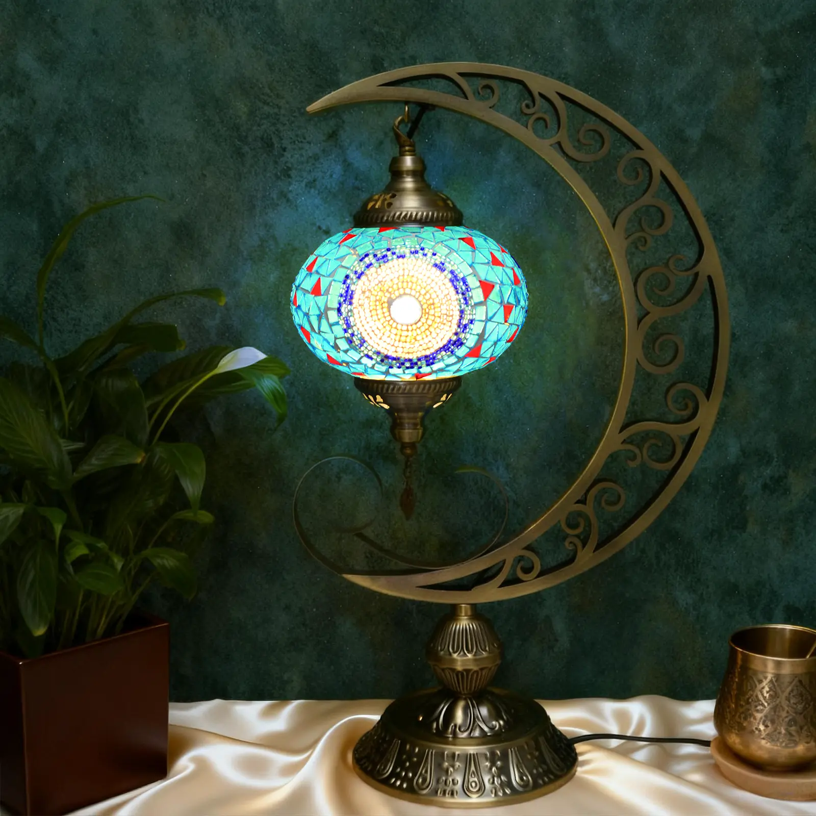 Turkish Stained Glass Table Lamp with LED Bulb - Handmade Art Glass Mosaic Desk Lighting, Vintage Indoor Use Decor for Bedroom, Living Room Room Decor