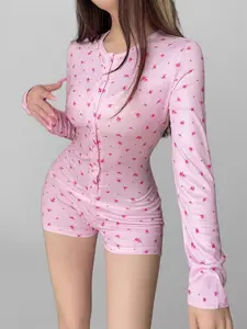 Women's Y2K Floral Print Button Front Romper Casual Long Sleeve Crewneck Romper for Fall & Winter Slight Stretch Fabric Natural Waist Fit Overalls - Ditsy