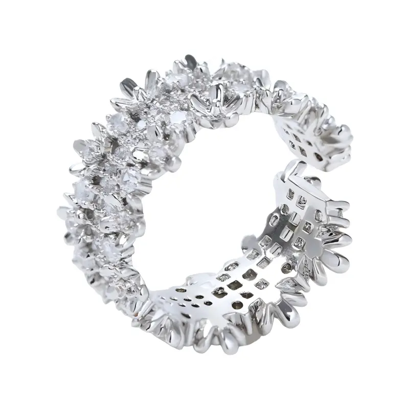 QUEENDO Sparkling Cluster Pave Open Cuff Ring - Irregular Burst-Style Multi-Stone Wide Band, Polished Silver-Tone Adjustable, Statement Stackable Jewelry for Daily/Party Gifting