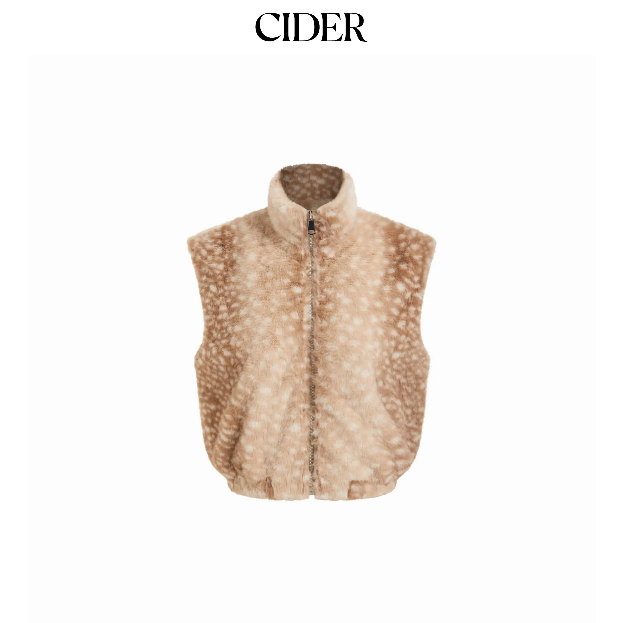 Cider Deer Print Faux Fur Funnel Neck Zip Through Jacket Vest