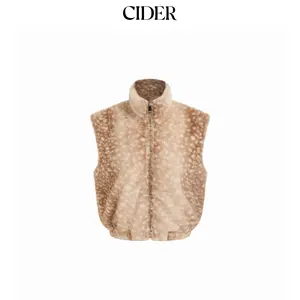 Cider Deer Print Faux Fur Funnel Neck Zip Through Jacket Vest