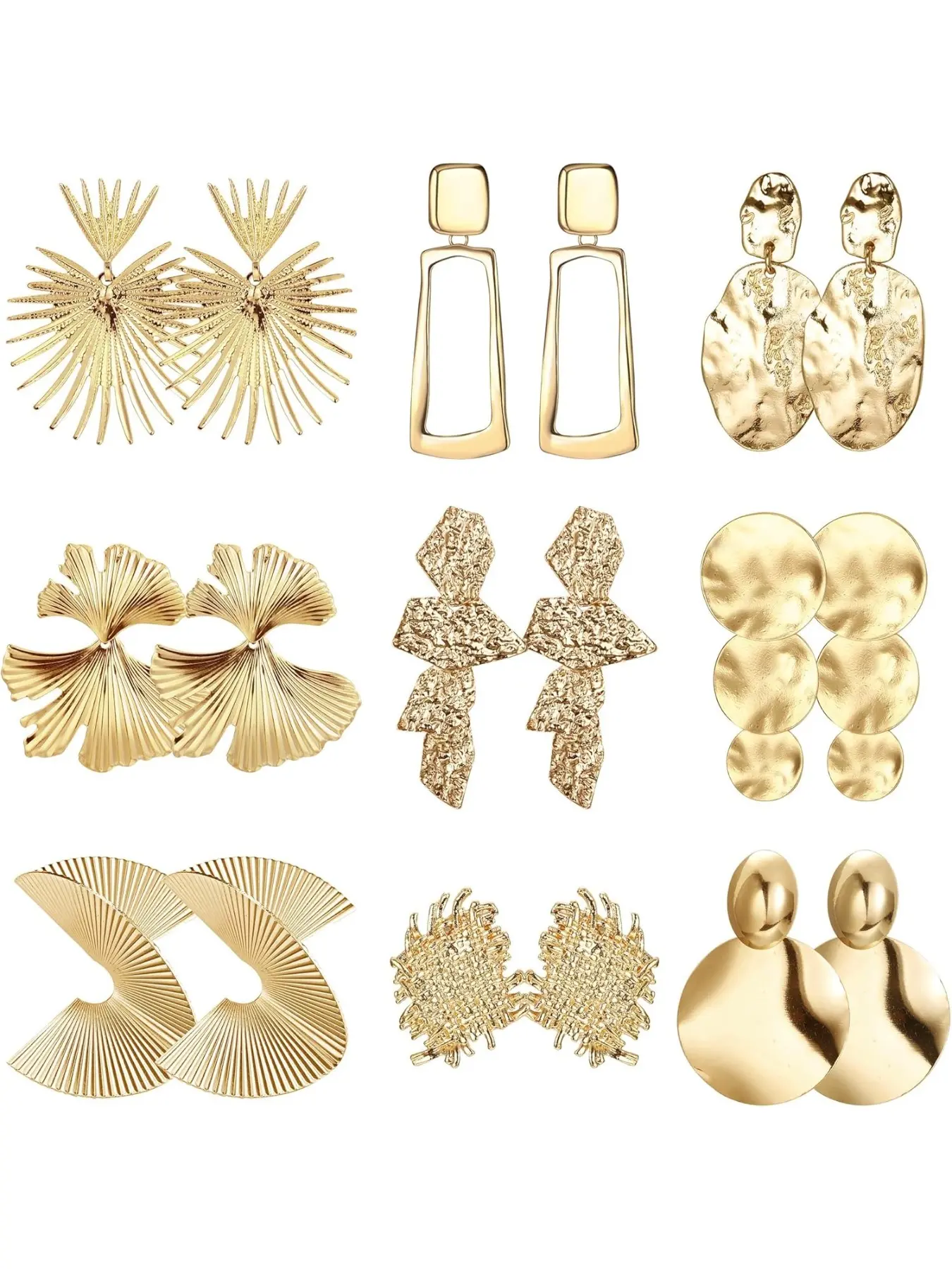 9Pairs Gold Clip On Statement Earrings for Women Large Gold Earrings Exaggerated Women's Clip-on Earrings Non Pierced Geometric Leaf Round Dangle Earrings Trendy Jewelry