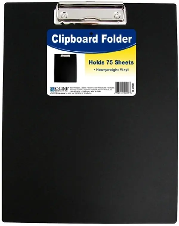 C-Line 30601 Office Vinyl Plastic Black Clipboard Folder, 0.5 in Thickness, 12-3/4x9 in Size, Finger-Thumb Notch, Silver Spring-Loaded Clip, Holds 75 Sheets of Paper