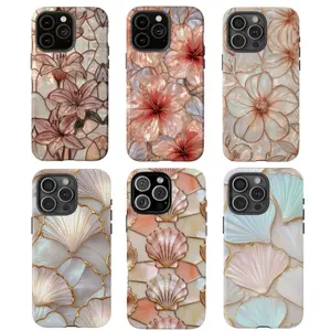Faux Hibiscus Iridescent And Seashell Stained Glass Phone Case (PRINT), Faux Mosaic Coastal For iPhone 17 16 15 14 13 12 11 X 8, Artistic Ocean Shell Case, Celestial Lily Tulip, Elegant Floral Ivory Design Art Style Cover, Trendy, Scrapbook, Gift