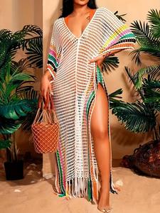 【plus size】striped print hollow out split thigh sweater beach dress, summer dresses, dresses for women, batwing sleeve v neck tassel cover up long knitting holiday dresses, dress in club, dresses for women, plus size women's clothing, casual dress