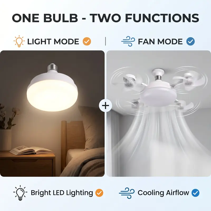 MREGB 2026 New E27 Socket Ceiling Fan Light - 2-in-1 Silent LED Fan with Remote Control, Energy-Saving Cooling & Lighting Combo for Home Bedroom summervibes tiktokshopbacktoschool
