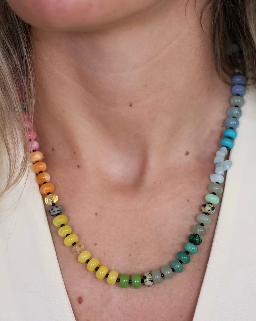 Deep South Originals Delilah Statement Necklace, Vibrant Mixed Gemstone with Dalmatian Jasper, AB & Blue Crystal Accents for Casual Boutique Wear, 16-18 Inch