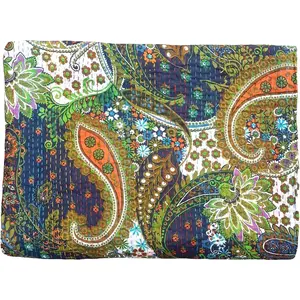 Vintage Kantha Indian Bed Cover Throw Paisley Printed Kantha (Blue Color, Twin (60x90 Inch))