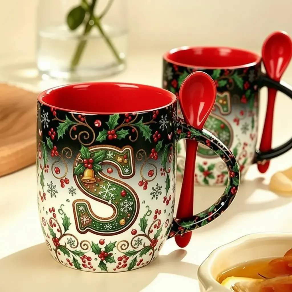 1pc Customizable Christmas Alphabet Heat-Sensitive Color-Changing Coffee Mug with Included Red Spoon, Personalized Initial Letter Design Magic Ceramic Cup, Simply Add Hot Water to Transform the Appearance, A Thoughtful Unique Gift for Family and Frie