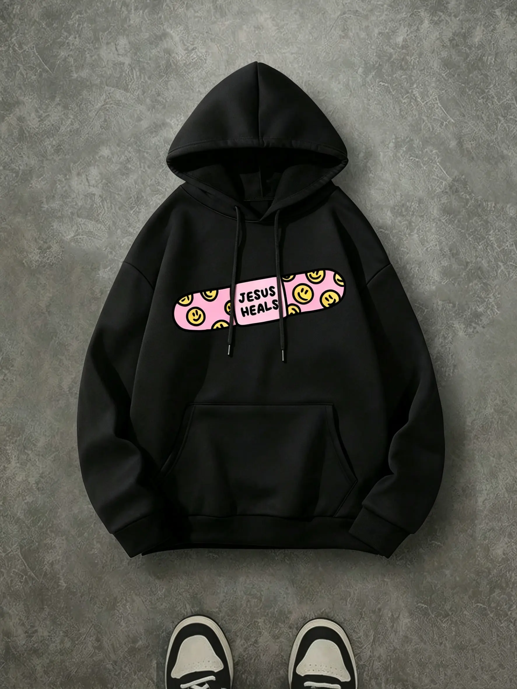 Jesus Heals Band Aid Smiley Face Hoodie, 270G Brushed Fleece Cute Christian Graphic Hooded Sweatshirt, Religious Inspirational Casual Streetwear Pullover For Men Women