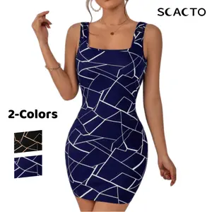 SCACTO Women's Sleeveless Square Neck Tank Dress with Bold Geometric Patterns Comfortable Rayon Fabric Trendy Vacation Beach Party Outfit 2-Colors