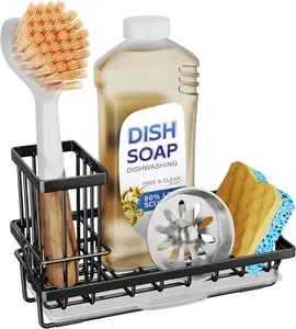 Sink Caddy Sponge Holder - Kitchen Sink Organizer with High Brush Holder for Countertop to Hold Dish Soaps and Sponges Stainless Steel Black with Removable Drip Tray and Non-Slip Base