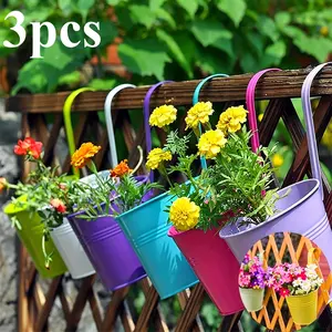 Set of 3 Colorful Hanging Plant Buckets - Random Vibrant Colors, Aesthetic Vertical Gardening Decor for Patio & Fence, Removable Hook Iron Flower Holders, Creative Outdoor Home Ornament，Unique Mother's Day Gift