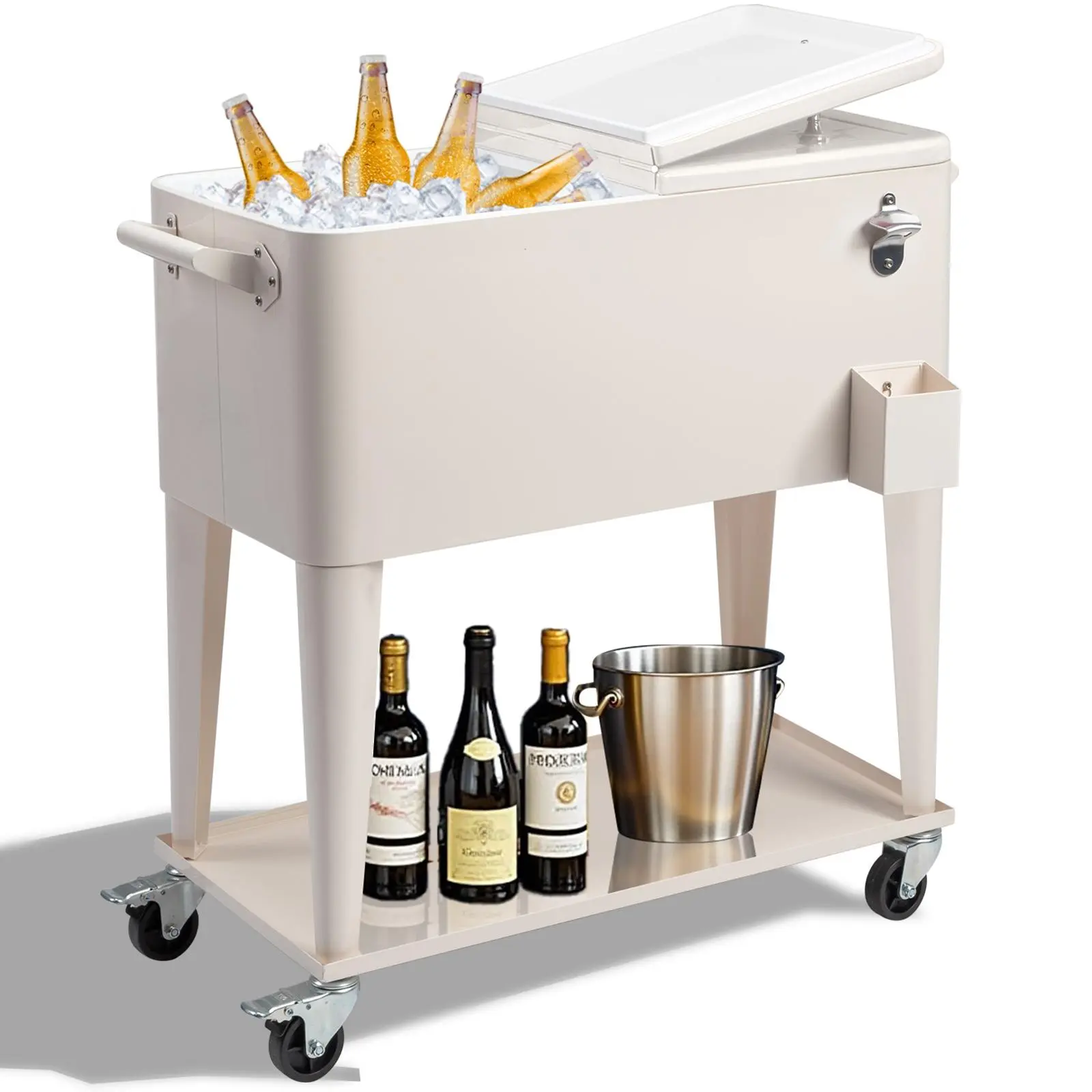 【Summervibes】Ubesgoo 80 Quart Rolling Ice Chest, Portable Bar Drink Cooler with Catch Basin, Bottom Storage Tray and Bottle Opener for Patio Party BBQ Beach Activities