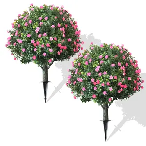 Artificial Boxwood Topiary Ball Tree, Set of 2 Faux Plants Artificial Shrubs Bushes with White Flowers, Fake Evergreen Artificial Topiary for Indoor Outdoor Home Front Porch Decor