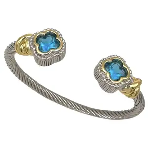 Twisted Cable Cuff Bracelet with Blue Gemstones Set in Silver-Gold Clover Motifs Modern Opulence Refreshing Timeless Stacked Jewerly Bangle