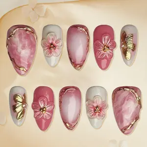 30Pcs 3D Gradient Floral Almond Press On Nails for Women, Gold Foil Handmade Rhinestone Red False Nails, Glossy Full Cover Fake Nails for Party Date Festival Daily Wear