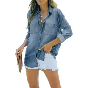 ARTFREE Women’s Chambray Denim Shirt/Jacket (Shacket), Casual Long Sleeve Collared Boyfriend Fit with Buttons and Pockets