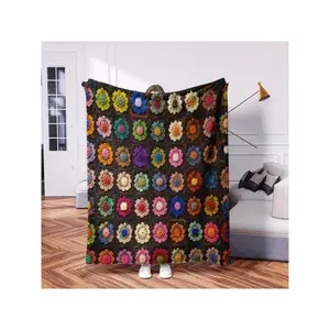 Vintage Hand-Crocheted Colorful Bohemian Floral Granny Square Cozy Decorative Throw Blanket