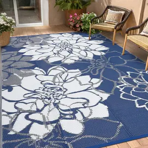 Navy Blue Outdoor Plastic Straw Rug 9x18 Waterproof Reversible Mat Floral Tropical Patio Rug with 4 Stakes and Starage Bag Portable Outdoor Area Rug for Camping Porch Deck Rv Balcony Backyard Beach