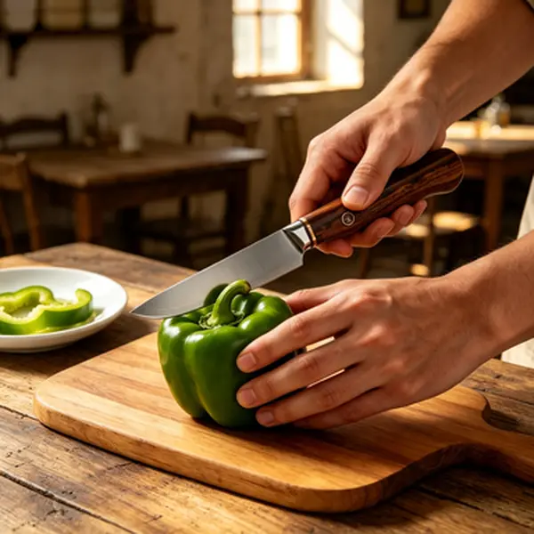 Damascus fruit knife. Artisan-crafted with a rosewood handle and patterned blade, it’s comfortable, sharp, and built to last. Lightweight and portable—perfect for both kitchen and camping.