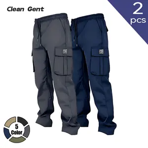 Clean Gent 2-Piece Set - Men's solid-color cargo joggers, elastic drawstring waistband, multiple practical pockets, relaxed loose fit, versatile for everyday wear