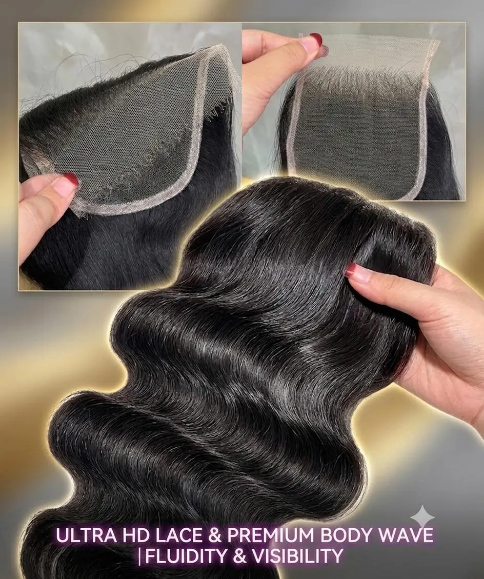 18A Raw Indian Human Hair 5x5 HD Lace Closure, Body Wave, Invisible Melt Skin, Glueless Hair Extension Natural Scalp Wig Frontal Wig