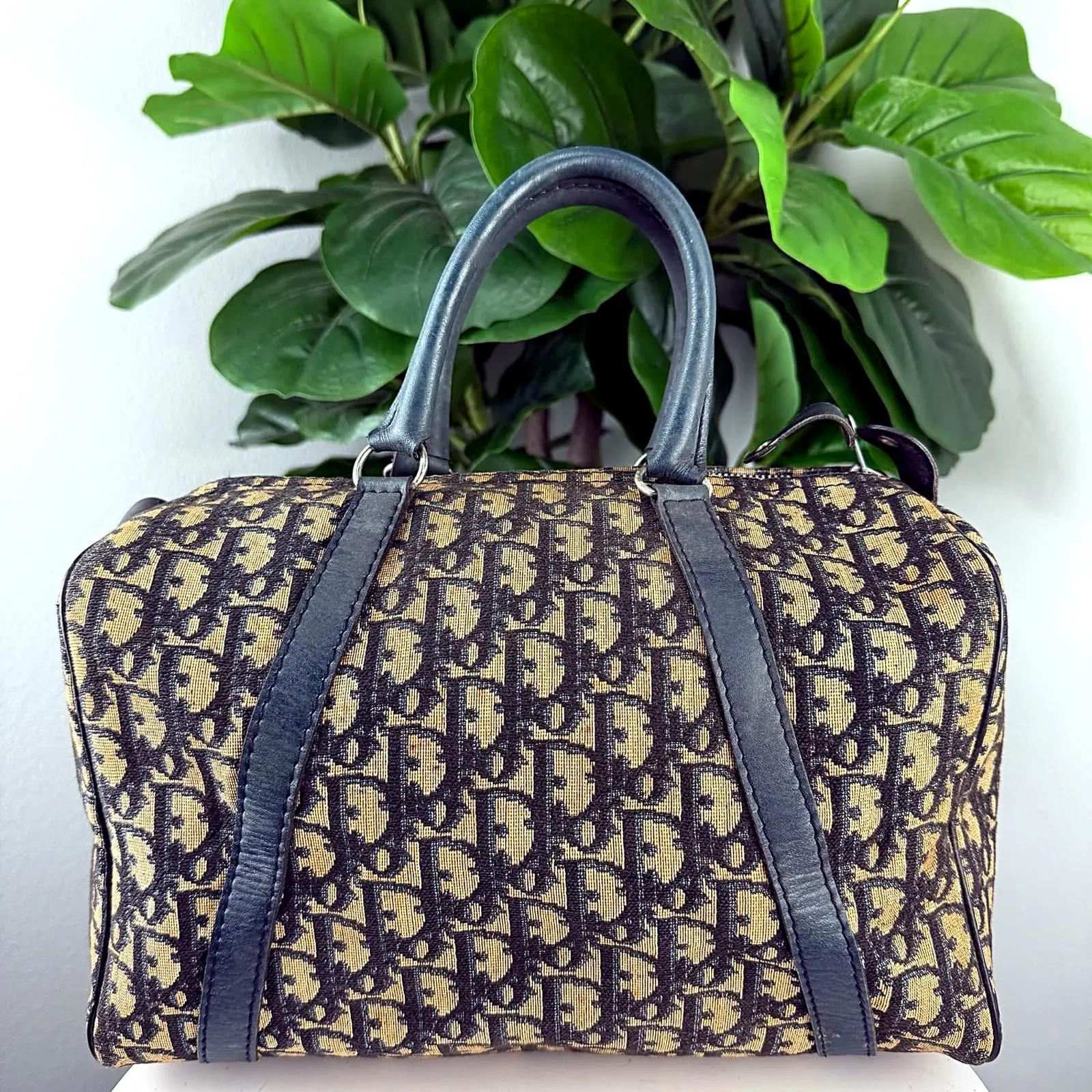 Pre-owned Monogram jacquard canvas, woven in tan/beige with a repeating dark navy "CD" logo pattern Shoulder Bags Authentic Vintage Christian Dior Trotter Oblique Monogram Canvas Boston Bag