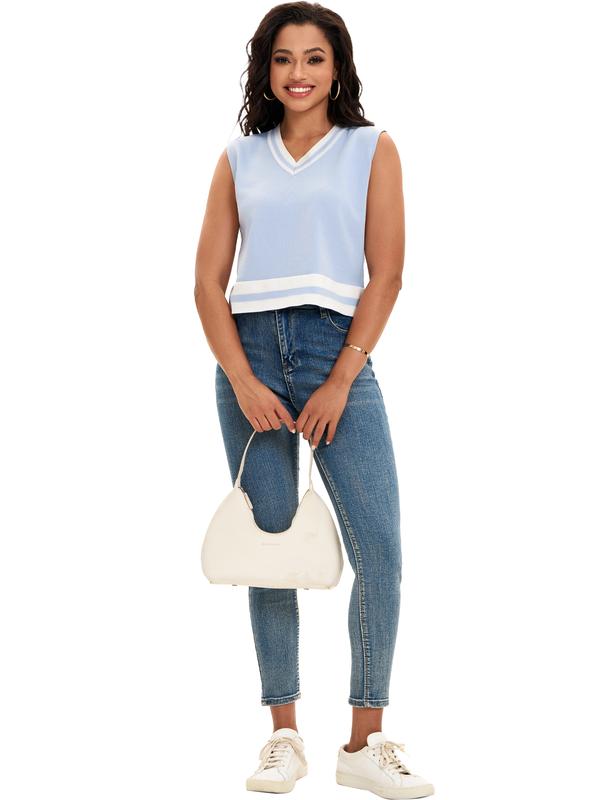 ATHLECHIC Women's Summer Crop Tops Knit Vest Color Block Sleeveless V Neck Tank Tops Loose Fit Tops Light Blue White