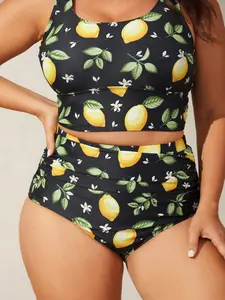 【Summer Turn-Up】【Tammy Control】BlOOMCHIC Plus Size Lemon Print Pleated Tight-Fit Swim Bottoms [M-6X] 2026 Summer Pick for Mother's Day