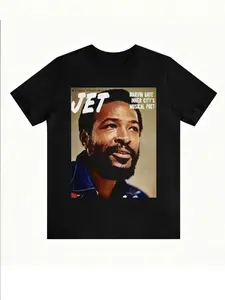 Retro "Marvin Gaye / Jet Magazine" Crewneck Graphic Print T-Shirt — Casual Style, Everyday Wear, Soft Fabric | Vintage Music-Inspired Design, Unisex Fashion Piece