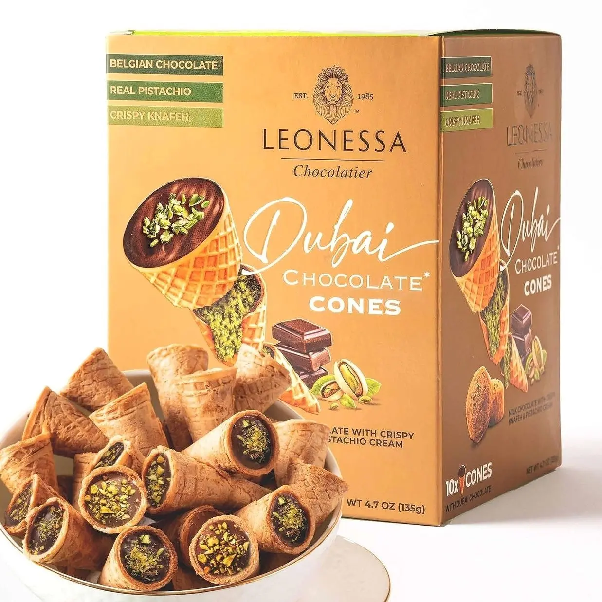 Leonessa Dubai Chocolate Cones with Pistachio Kunafa | Made with Premium Belgian Chocolates | Kunafa Chocolate | Chocolates de Dubai - 4.7 oz