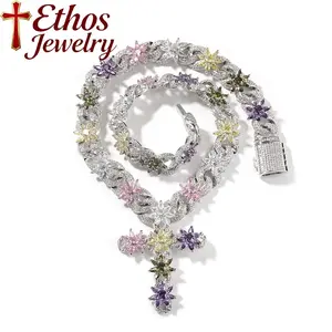 Colorful Ice Flower Cross Copper Necklace, High-end Unisex Style with AAAAA Cubic Zirconia Inlay, Flower Design Infinity Chain, Suitable for Both Men and Women, Perfect for Parties and Daily Wear