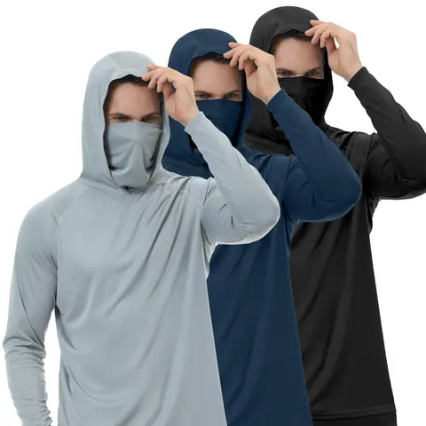 Men's 3-Pack Dry Fit Athletic Hooded Long Sleeve Fishing Shirts - Plain, Quick Dry, Sun-Safe Hood, Breathable, Breezy UPF Wear, Face Mask, Silky Feel, Thumb Holes, Men's Clothing Hoodies for Beach, Holiday Sports