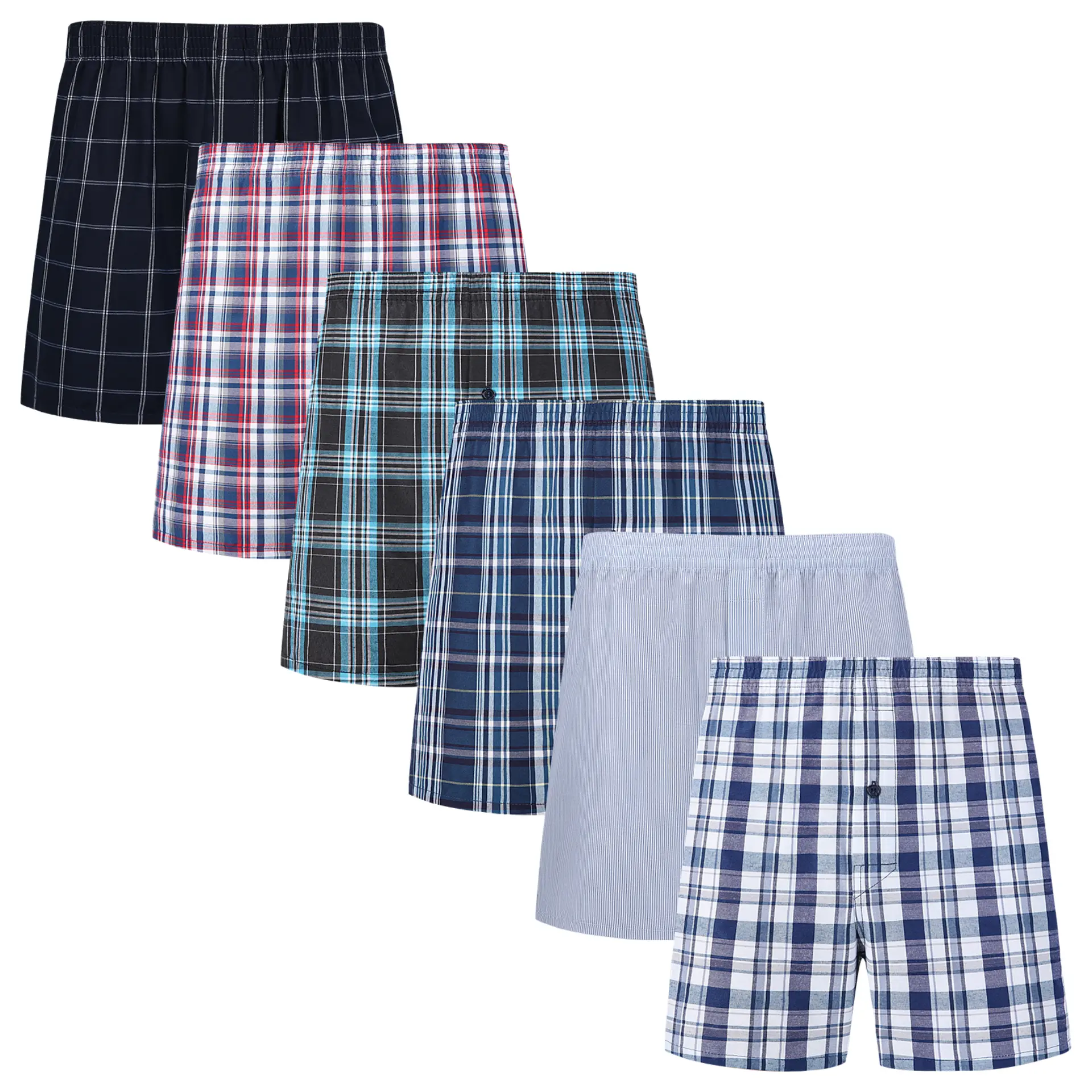 JupiterSecret 6-Pack Men's Woven Boxer Shorts Underwear, Soft Breathable Cotton Blend, Button Fly, Elastic Waistband, Assorted Plaid Patterns