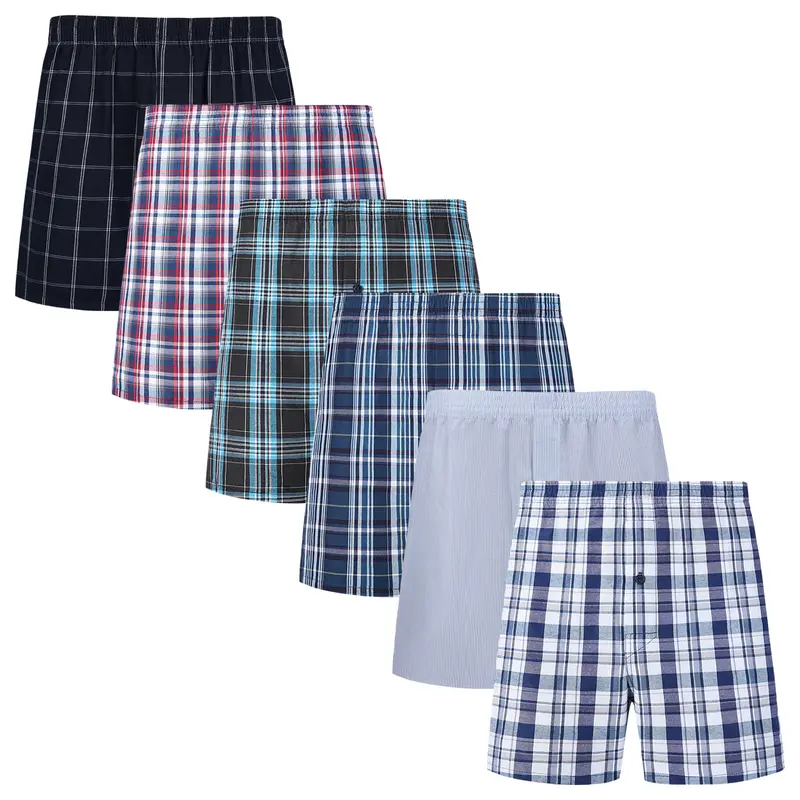 JupiterSecret 6-Pack Men's Woven Boxer Shorts Underwear, Soft Breathable Cotton Blend, Button Fly, Elastic Waistband, Assorted Plaid Patterns