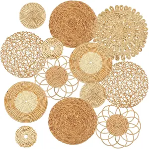 Glenmal set of 13 boho Wall basket decor woven rattan flat wall baskets handmade boho Wicker bamboo seagrass wall hanging decor for bedroom living room dining room office ready to hang (Classic)