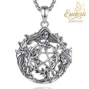 Eudora S925 Sliver Triple Moon Goddess Pendant, Hecate Key Necklace, Witchcraft Jewelry with Coiled Snake, Witchy Hekate Amulet, Spiritual Pagan Gift for Women