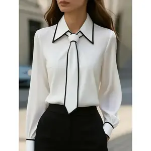 Women's Elegant Contrast Color Shirt Collared Long Sleeve Blouse with Bow Tie Sash Business Casual Office Top Stylish Work Wear Pair with High Waisted Pants Chic Womenswear